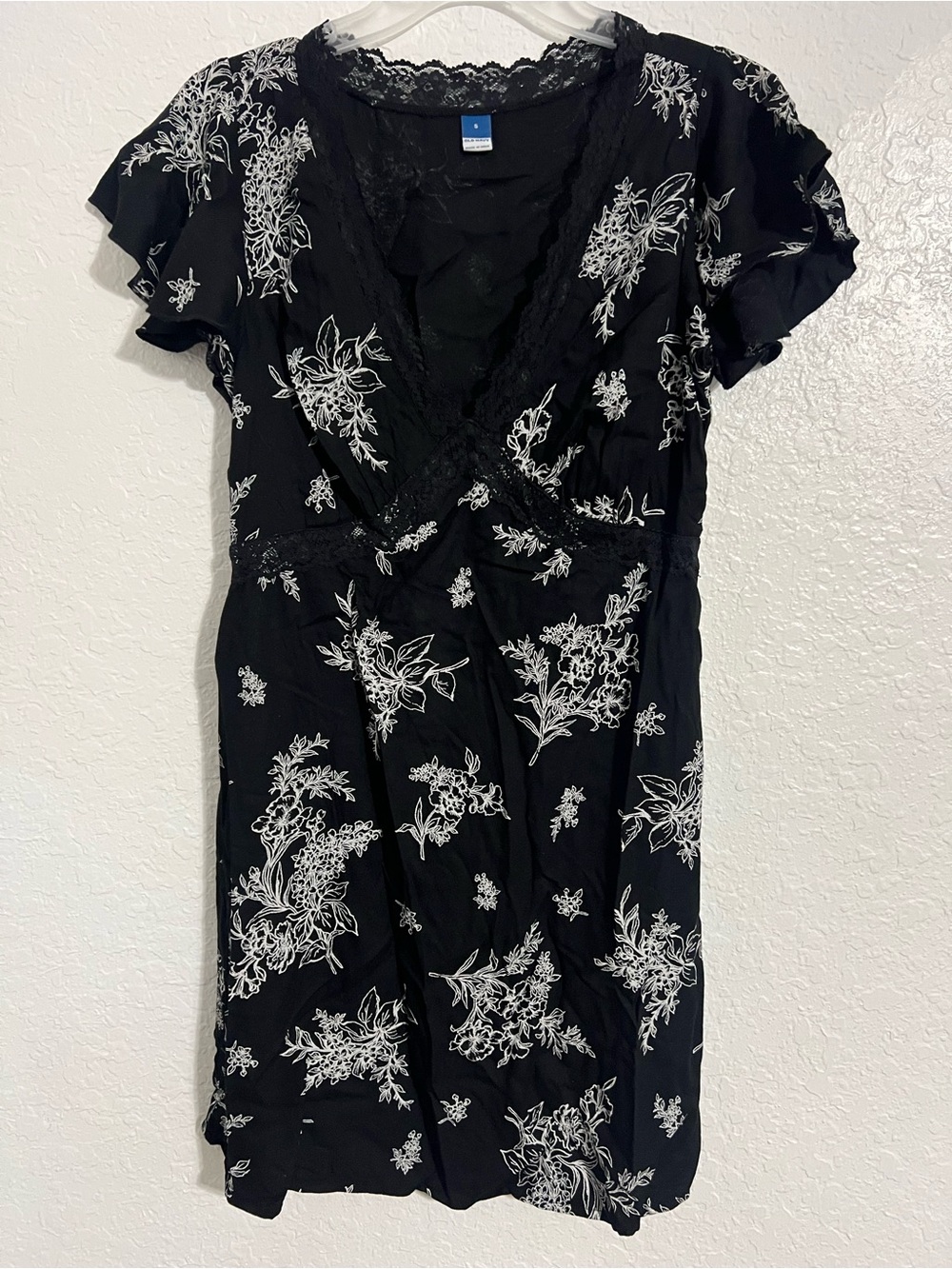 Old Navy Dress Women Size S Black Floral Midi Cotton Short Sleeve # 846